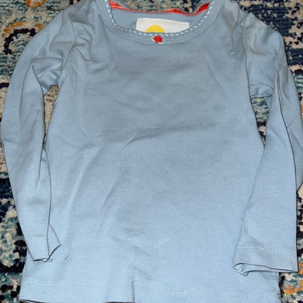 Mini Boden grayish blue long sleeve tee with flower on neck. 4/5 year/110cm. EUC